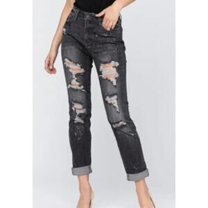 Judy Blue Destroyed Bleach Splatter Boyfriend Fit Black Jean Size 5 / 27 Womens